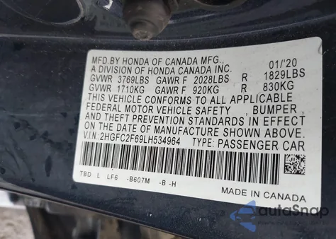 2020 Honda Civic Lx z USA, uszkodzony, nr VIN 2HGFC2F69LH534964